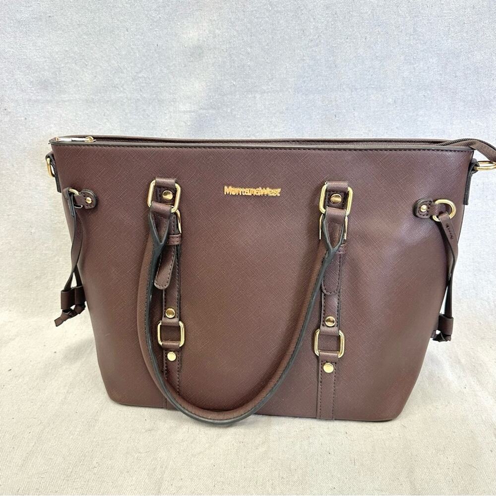 Montana West brown coated leather large tote bag‎ gold hardware